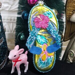 Blown Glass Flip Flop Christmas Ornament Embellished Flower Vacation Beach Pink